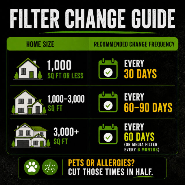 Honest question. When did YOU last change your air filter? 🤔If you had to think about it... it's probably time.Here's a quick guide (swipe →):
📏 1,000 sq ft or less → every 30 days
📏 1,000–3,000 sq ft → every 60–90 days
📏 3,000+ sq ft → every 60 days (or media filter every 6 months)Pets or allergies? Cut those times in half.Save this post. Set a reminder. Your lungs will thank you. 🫁#hvactips #airfilter #homeownertips #argyletx #flowermound #northtexas #hvac #goatairtx #indoorair #filterchange #texashome #goatair #homeadvice #cleanair #iaq