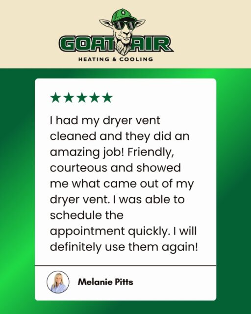A clean dryer vent does more than improve performance, it helps protect your home. ⭐⭐⭐⭐⭐When was the last time you had your dryer vent cleaned?Over time, lint and debris can build up inside your dryer vent, reducing efficiency, increasing drying times, and creating a potential fire hazard.We're grateful to hear Melanie had a great experience with our team.Friendly service, honest communication, and taking the time to show homeowners exactly what we found—that's the Goat Air difference.Thank you, Melanie, for trusting Goat Air with your home and for sharing your experience!If your clothes are taking longer to dry or it's been a while since your last dryer vent cleaning, we'd love to help.📲 Click the link and fill out the short form. Our team will reach out quickly to help you schedule your free consultation.
https://go.goatairtx.com/free-evaluation📞 (940) 477-8333
🌐 goatairtx.comWhen it's too hot to cope... remember the GOAT. 🐐❄️#argyletx #flowermoundtx #northdfw #northlaketx #dryerventcleaning #homesafety #homeowner #goatairtx #trustthegoat #goatair #dfwhvac #5starreview #homemaintenance #cleanair