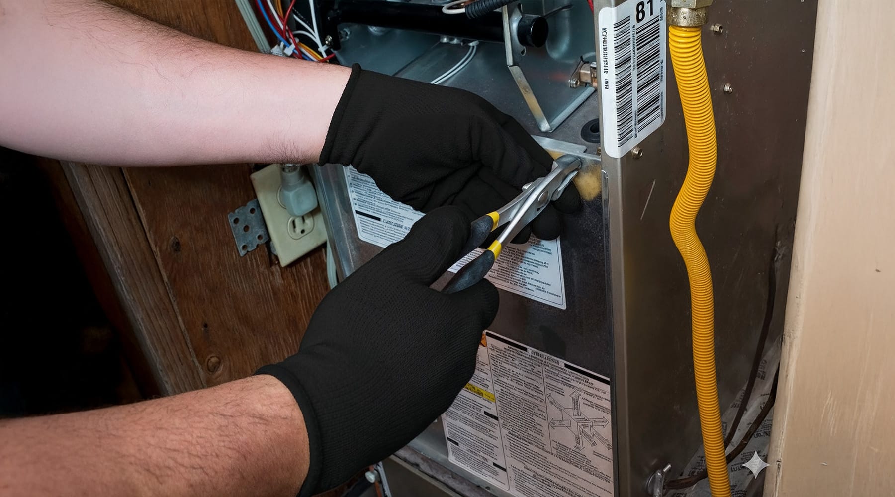 Close-up of technician's hands repairing furnace