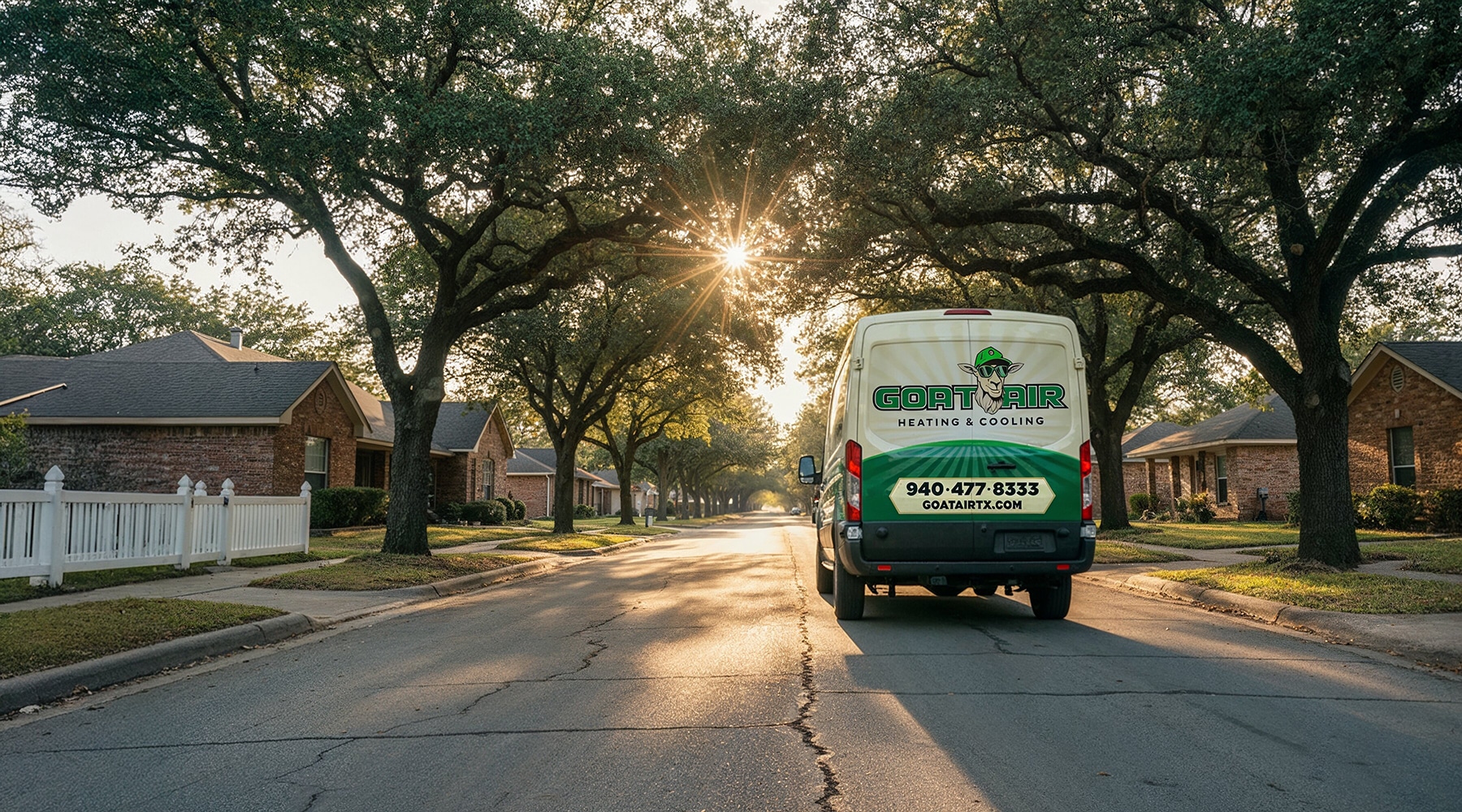 Goat Air heating and cooling truck driving down a residential street
