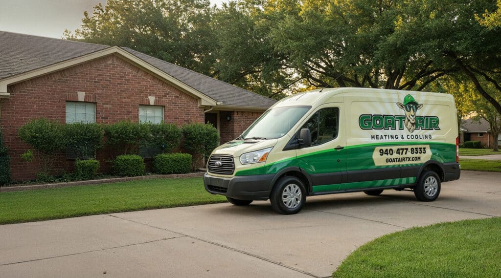 front view of Goat Air heating and cooling service van parked in a residential area.