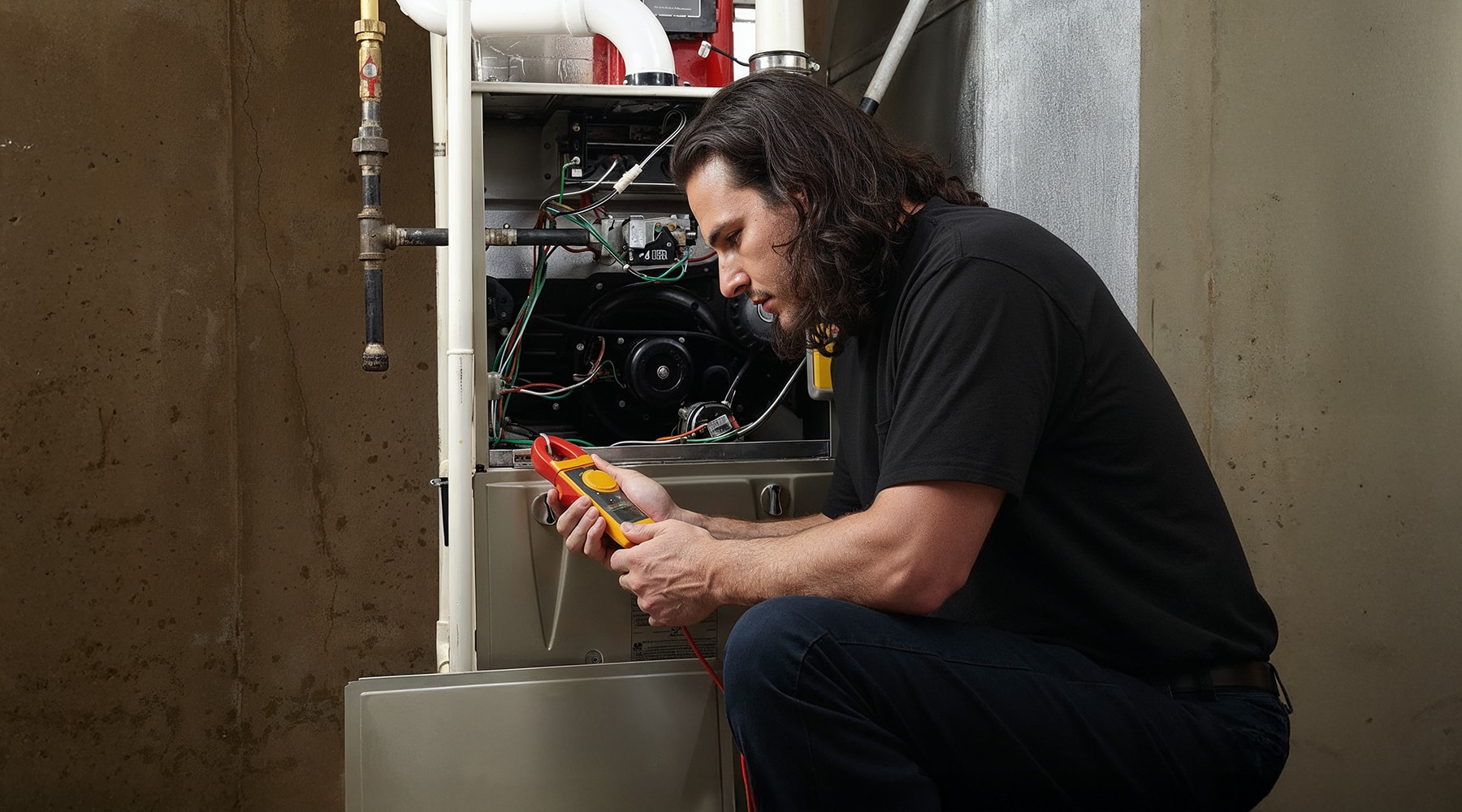 HVAC technician using a multimeter to troubleshoot a furnace