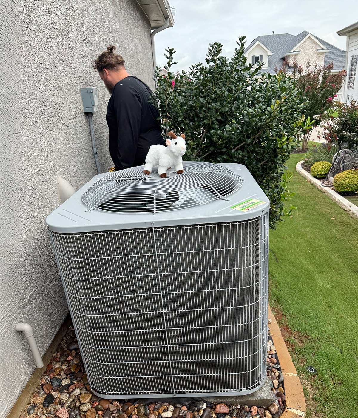 cute plush goat placed on an air conditioning unit with a house in the background.