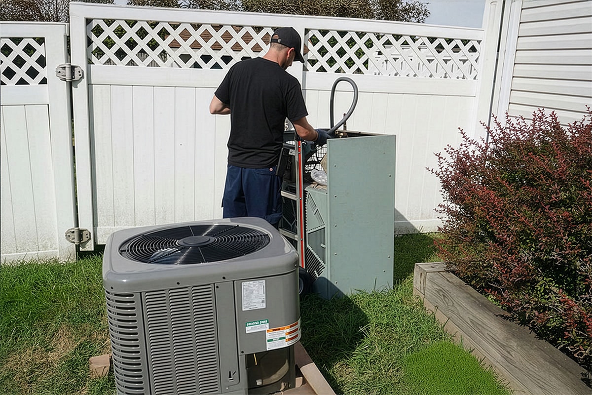 HVAC technician servicing an air conditioning unit in a backyard