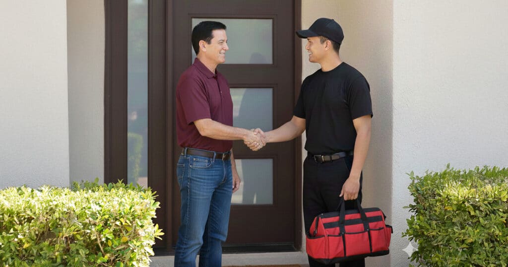 Goat Air tech meeting a client at the door, emphasizing personal interaction and service.