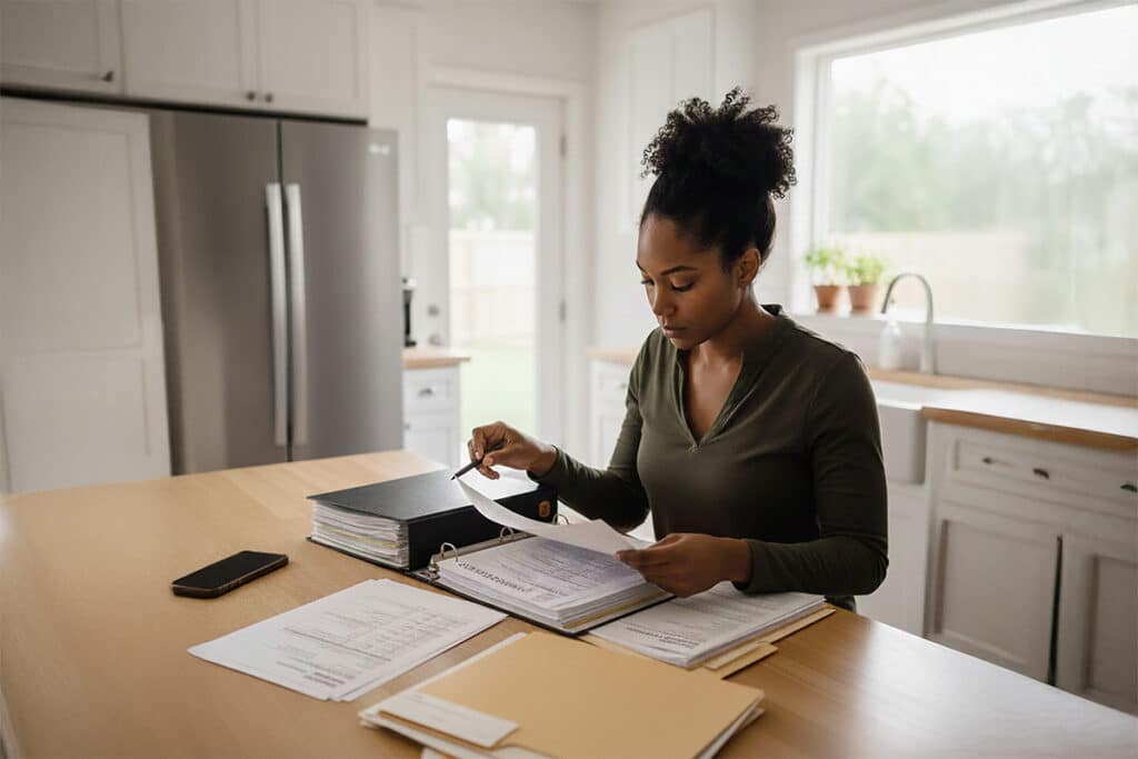 Woman reviewing and organizing documents at a kitchen table.