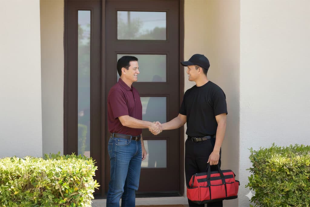 Goat Air tech meeting a client at the door, emphasizing personal interaction and service.