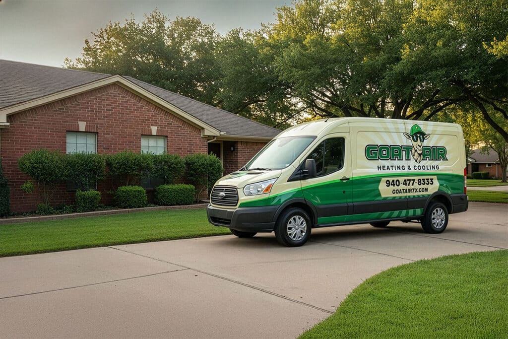 Front view of Goat Air heating and cooling service van parked in residential area.