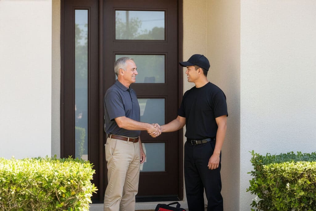 Goat Air tech meeting a client at the door, emphasizing personal interaction and service.