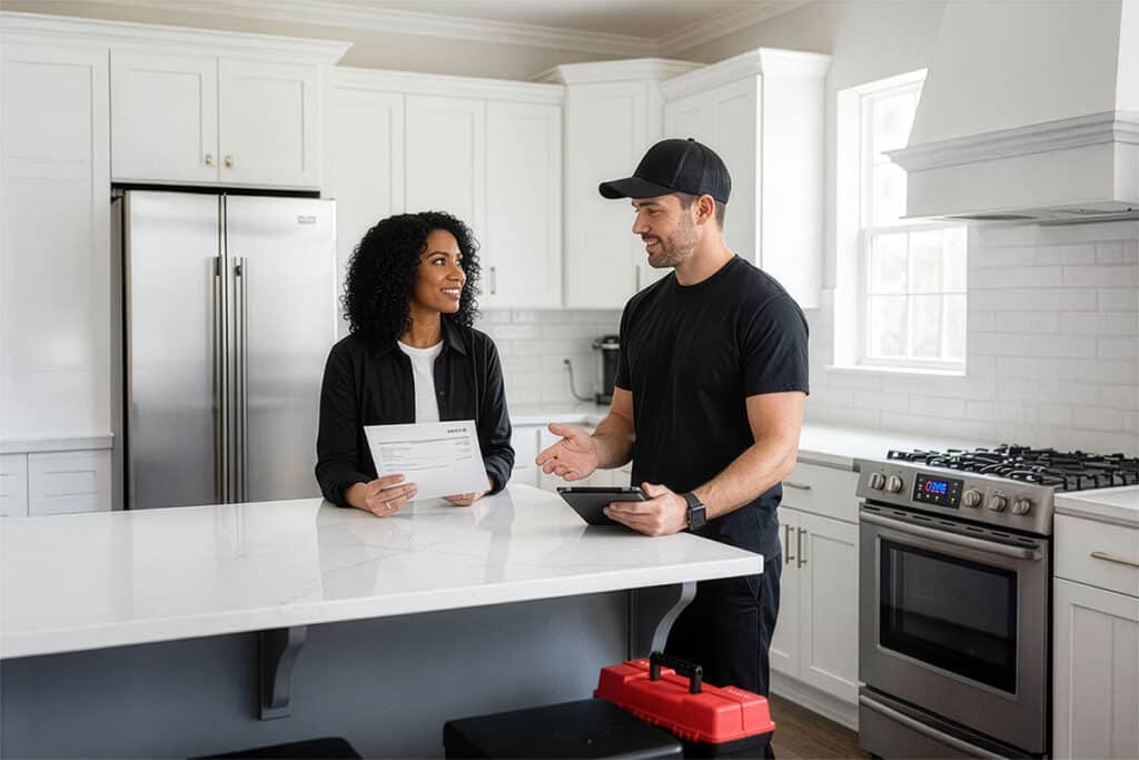 Goat air hvac contractor and client talking about home repairs while standing in a contemporary kitchen.