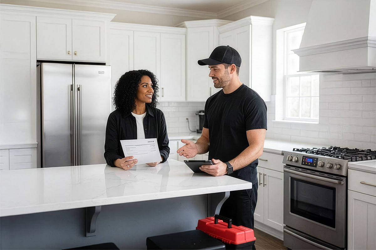 Goat air hvac contractor and client talking about home repairs while standing in a contemporary kitchen.