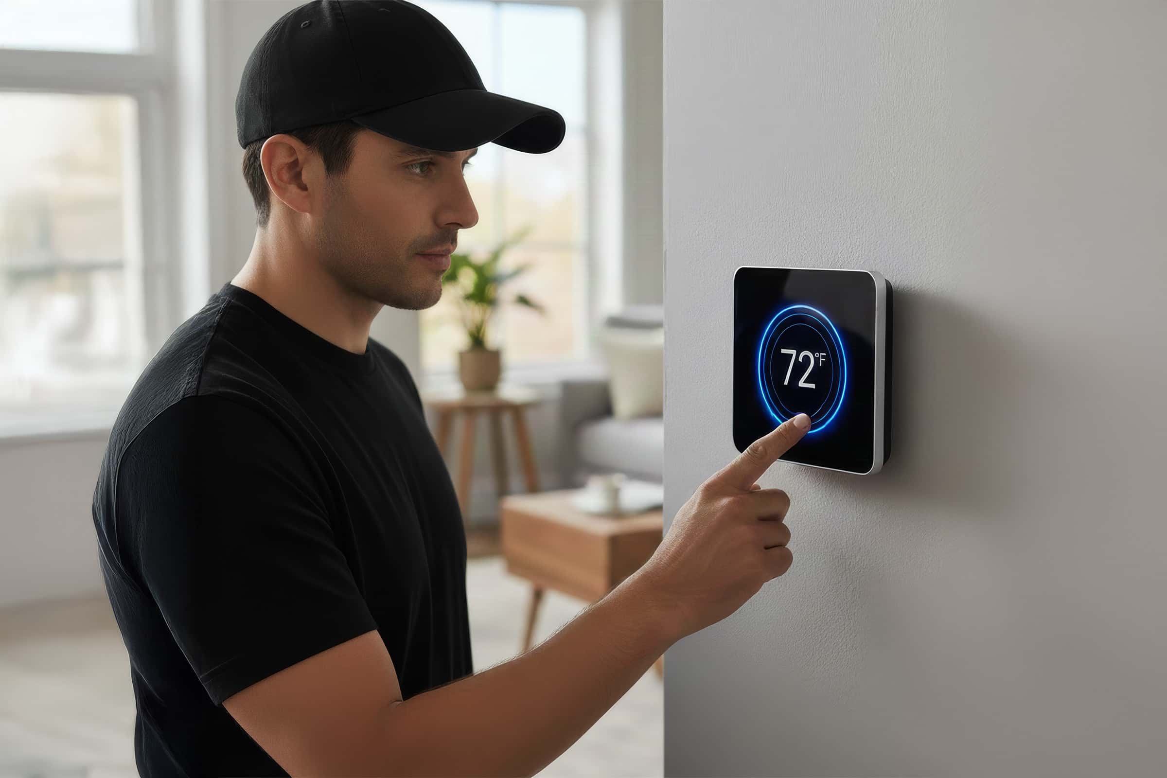 HVAC tech adjusting thermostat