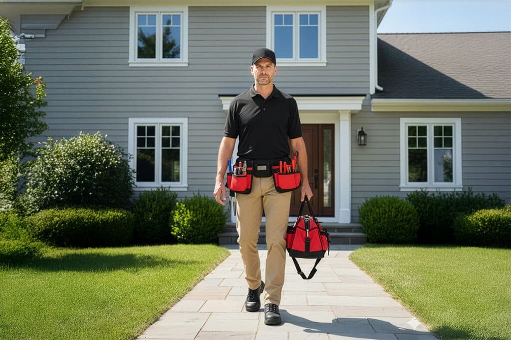 HVAC tech. walking away from a house carrying tools in a bag and wearing a tool belt