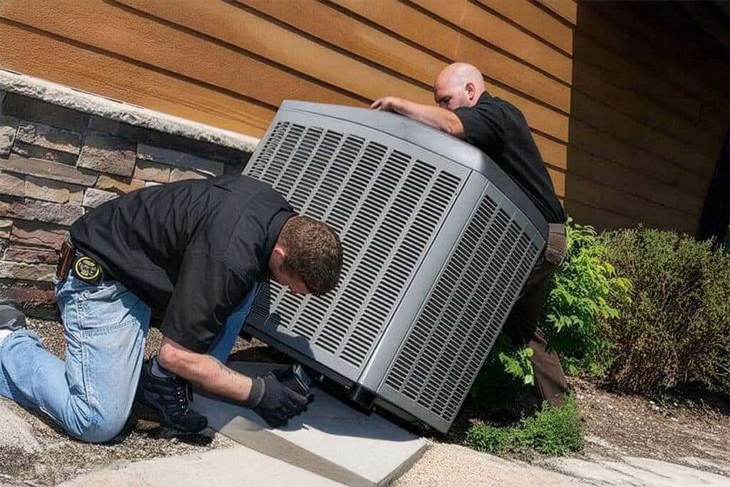 Technicians installing an air conditioning unit outside a home.