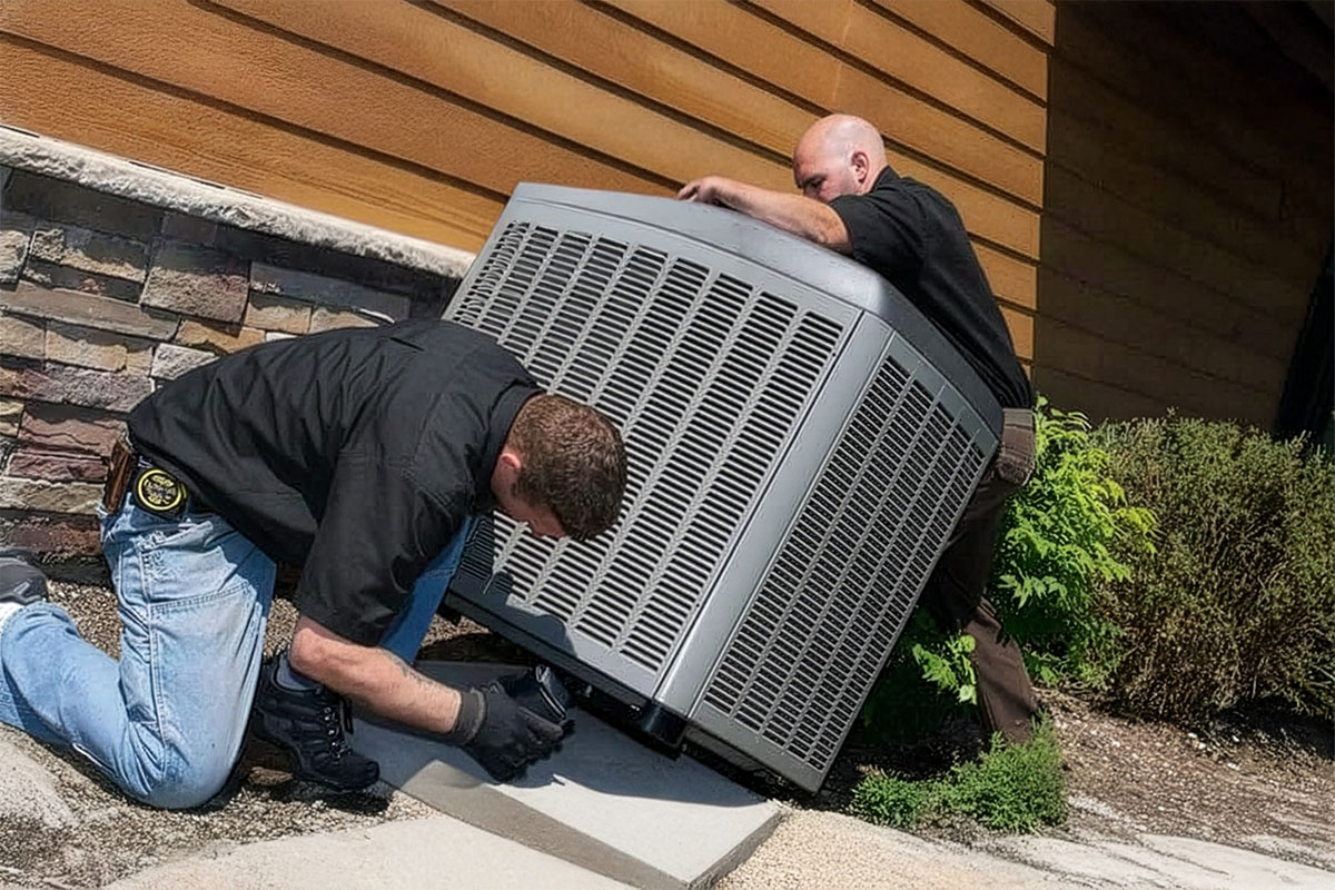 Technicians installing an air conditioning unit outside a home.