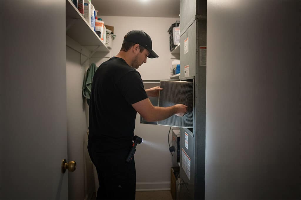 Technician replacing an HVAC filter in a utility room.