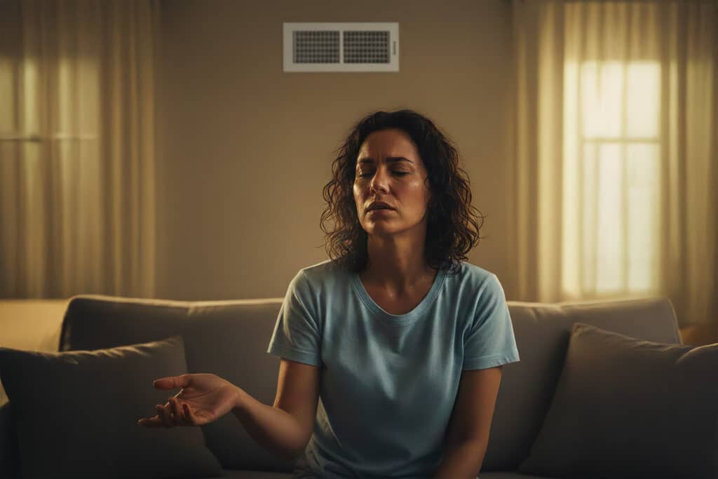AC broke and woman is hot in her livng room