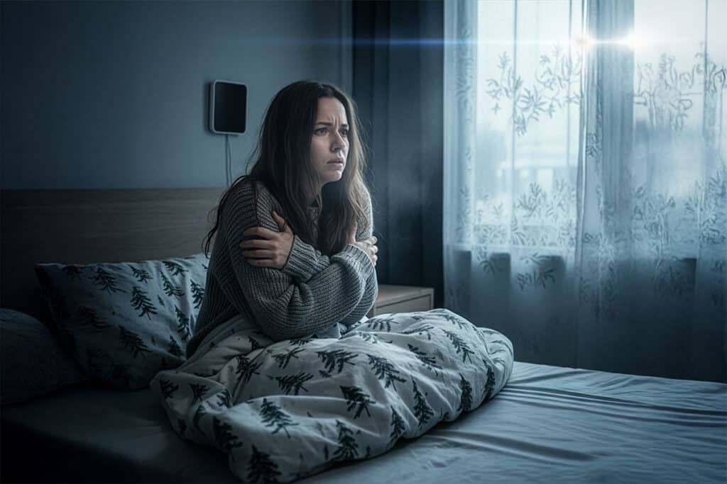 A woman sitting in bed, wrapped in a blanket, looking cold and concerned.